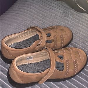 Tan orthopedic (wide) mary jane type shoes.